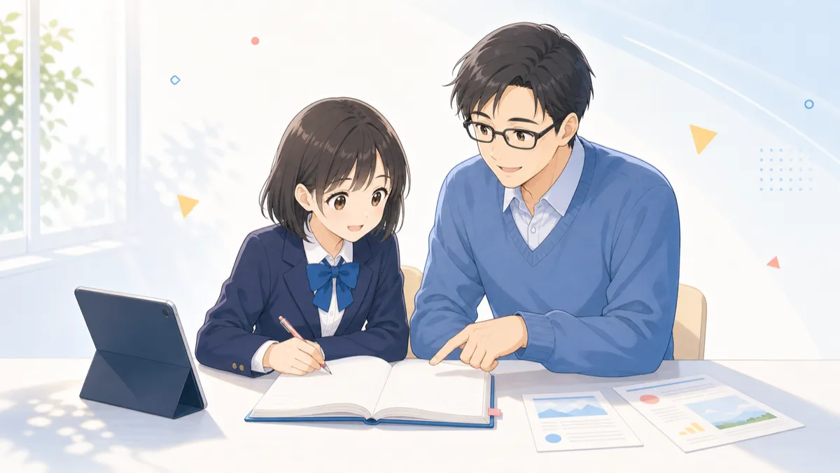 ホクト先生とセナちゃんが机に向かって一緒に勉強しているイラスト